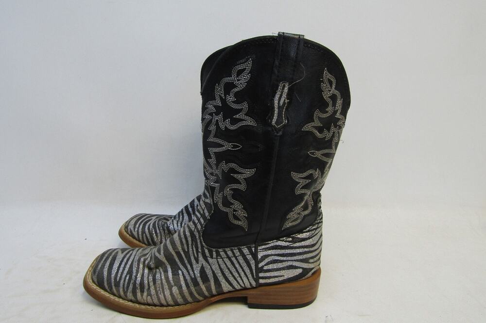 Roper Brand Youth Size 2 M Black Zebra Print Cowboy Western Boots